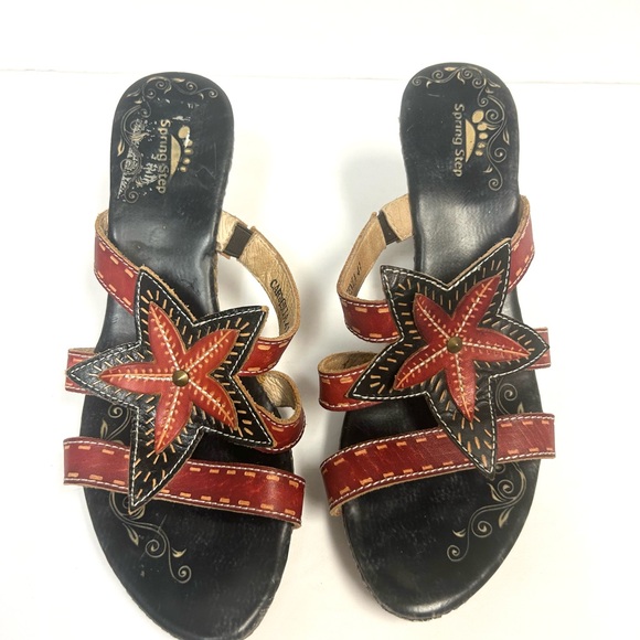 Spring Step Sandals Women 41 US 10 Leather Flower Wedges Red Black Gardenia Boho - Picture 3 of 11